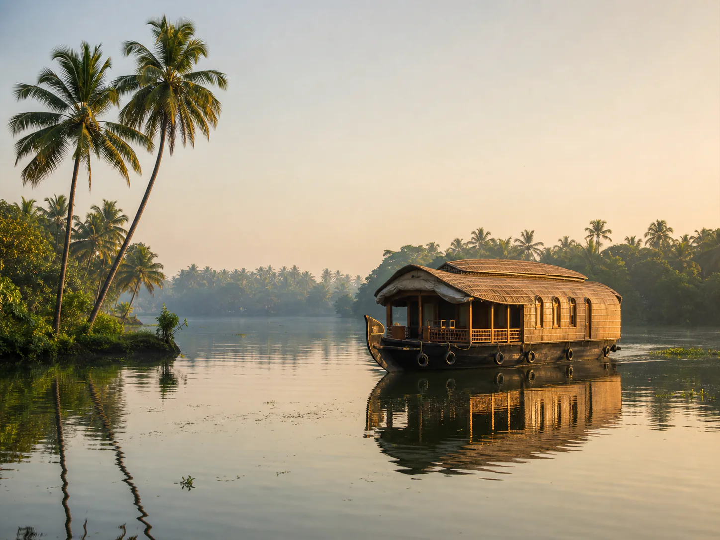 Traditional houseboat on Kerala backwaters at sunrise
